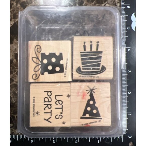 Stampin Up! 2003 Wood mounted Rubber Stamp set of 4 Let's Party - Picture 1 of 9